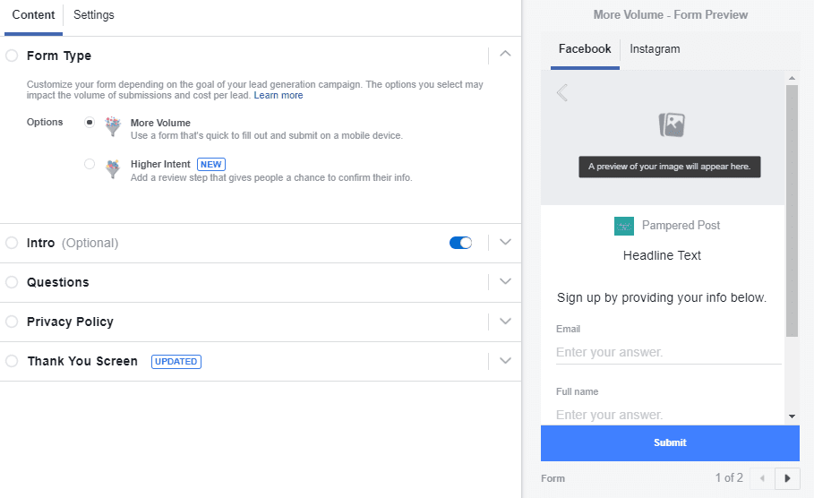 Image of Form Type in FB Ads