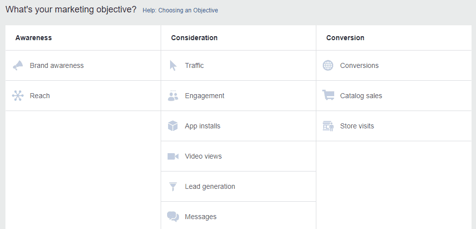 Image of different Facebook Ads Objectives